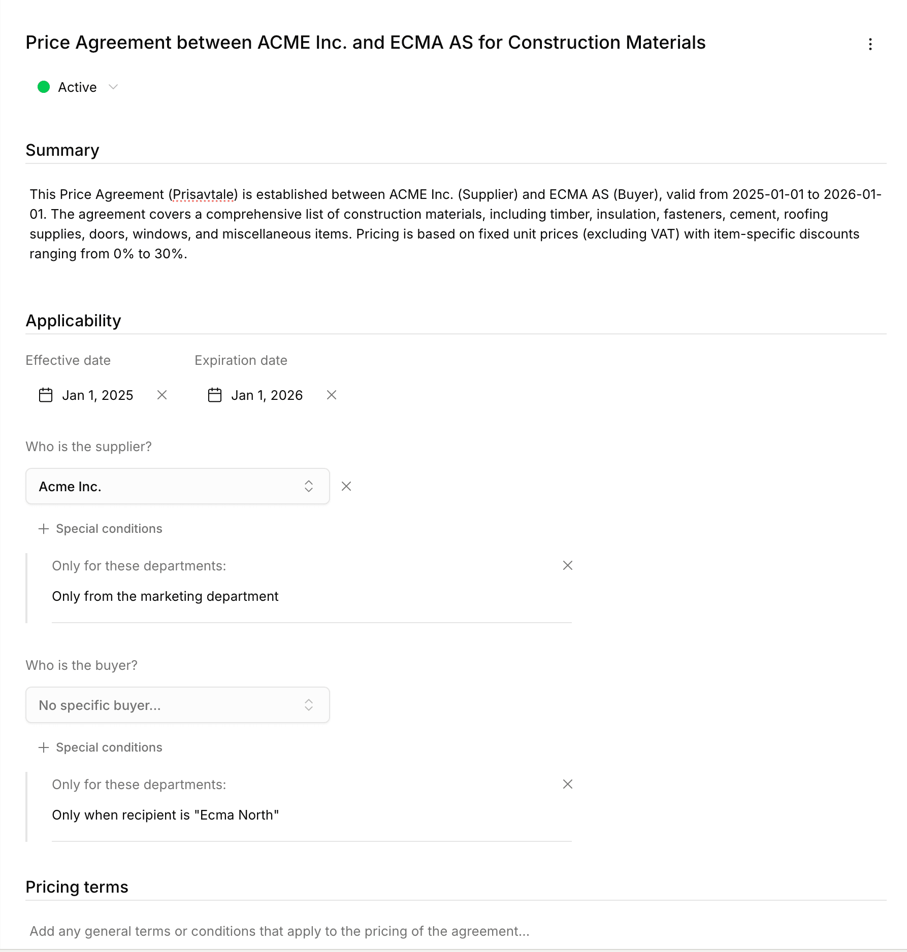 Agreement editor view