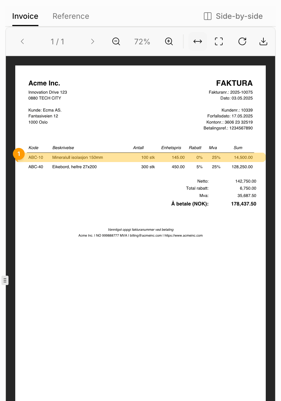 Invoice document viewer showing the raw invoice